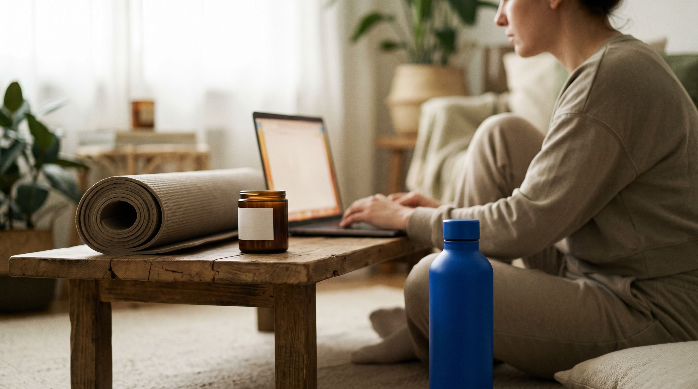 A person sits on the floor, typing on a laptop, next to a rolled yoga mat and candle on a wooden coffee table.