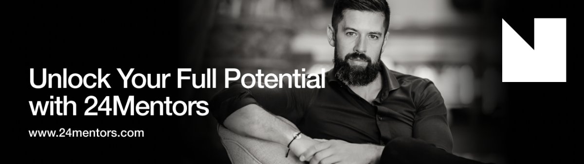 Black and white banner featuring a bearded man, with text "Unlock Your Full Potential with 24Mentors" and "www.24mentors.com".