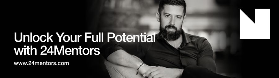 Ad for 24Mentors featuring a bearded man and the text "Unlock Your Full Potential with 24Mentors" and "www.24mentors.com".