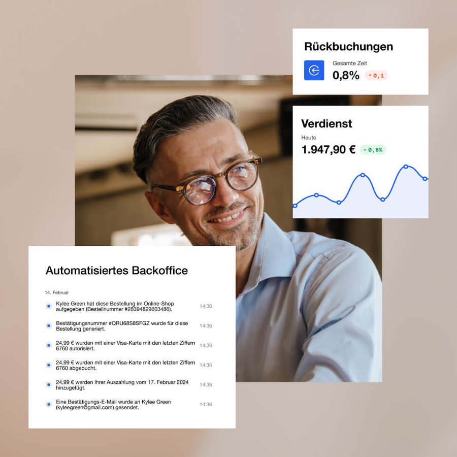 Smiling man with glasses, surrounded by digital cards displaying automated backoffice operations, chargeback rates, and earnings reports with a positive trend.