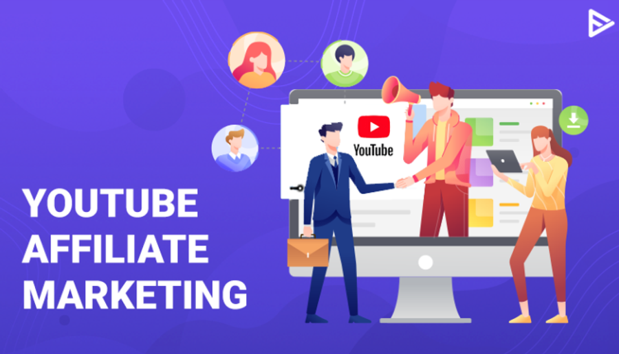 Text "YouTube Affiliate Marketing" with an illustration of business figures around a computer displaying the YouTube logo.
