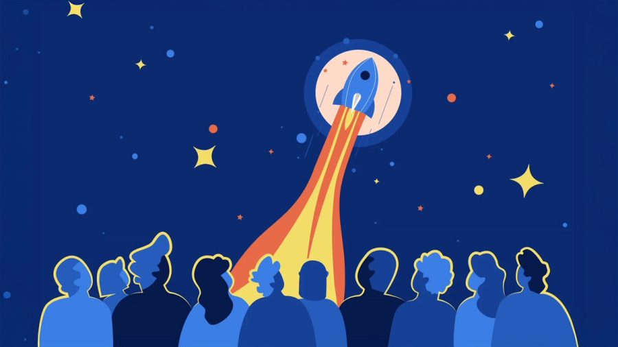 Silhouettes of people watching a rocket launch into a starry night sky.