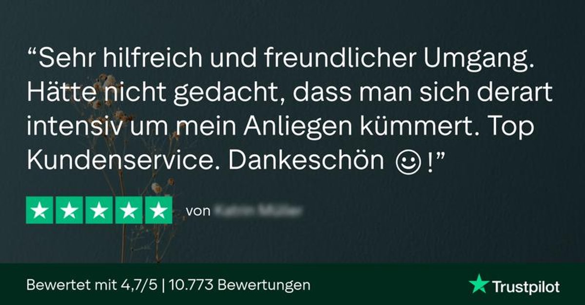 Trustpilot customer testimonial in German, rated 5 stars.