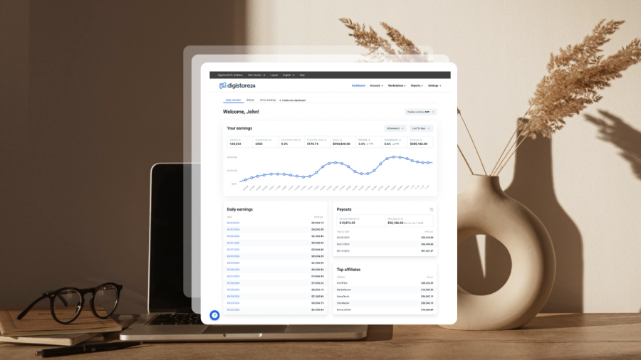 Laptop on a desk displaying a financial analytics dashboard with charts and data.