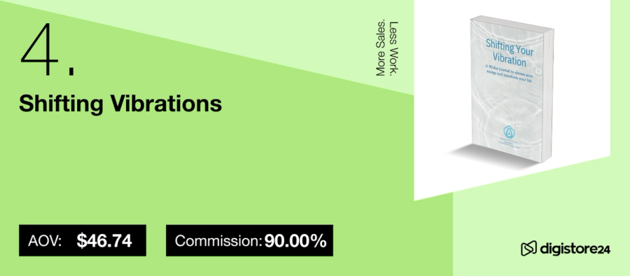 An ad for "Shifting Vibrations" showing a book, AOV of $46.74, and 90.00% commission.