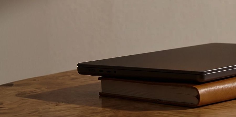 A closed dark laptop rests on a brown leather book on a wooden table.