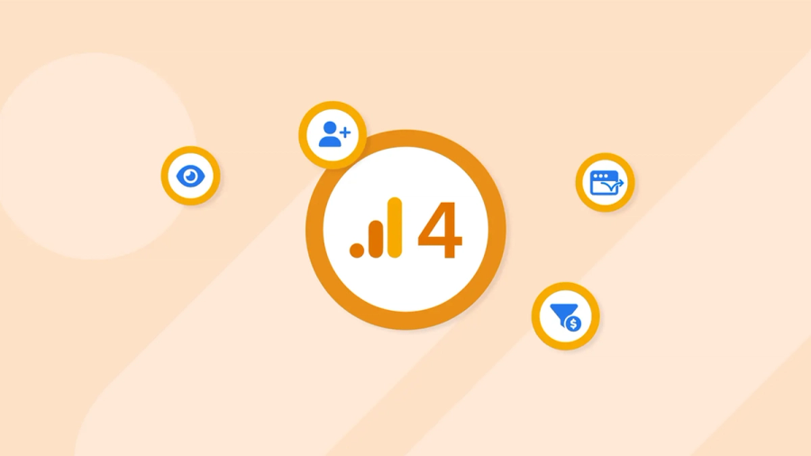 Google Analytics 4 logo surrounded by icons for views, new users, reports, and conversions.