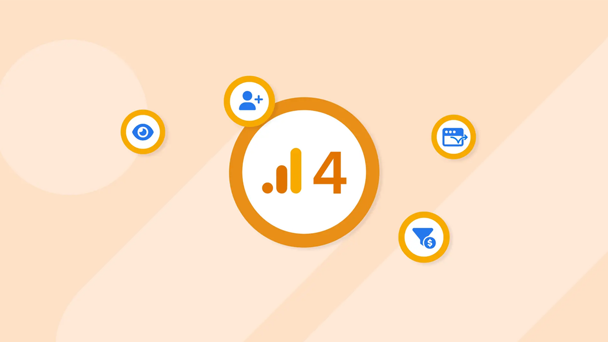 Google Analytics 4 logo surrounded by icons for views, new users, reports, and conversions.