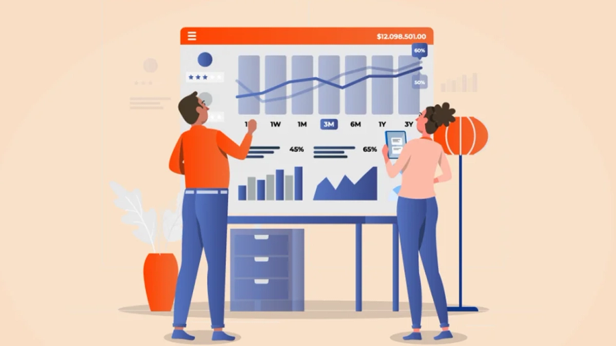 Illustration of two business people reviewing a data dashboard with various charts.