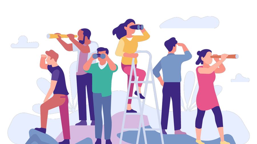 A diverse group of people looking into the distance with telescopes and binoculars.