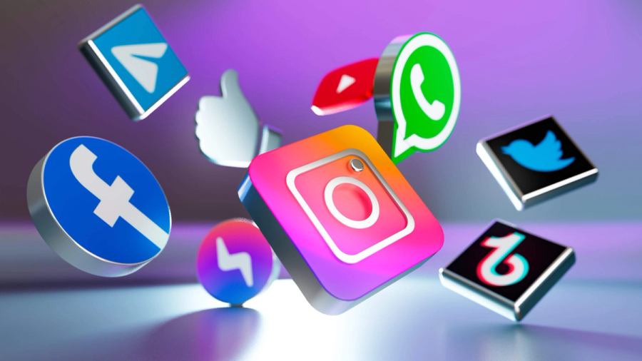 3D social media app icons including Instagram, Facebook, WhatsApp, and TikTok floating on a purple gradient background.