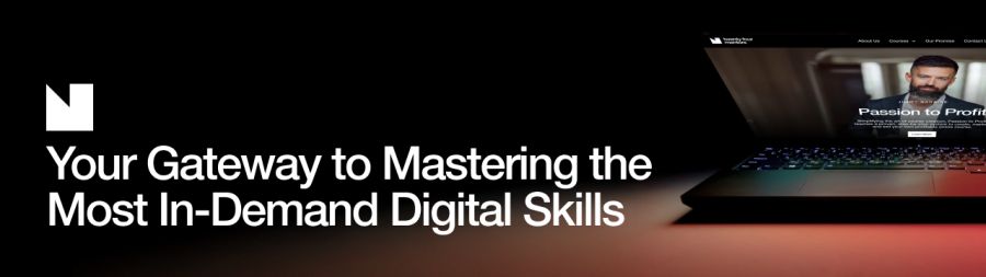 A white logo and text "Your Gateway to Mastering the Most In-Demand Digital Skills" next to a laptop displaying a website with a man and "Passion to Profit" on the screen.