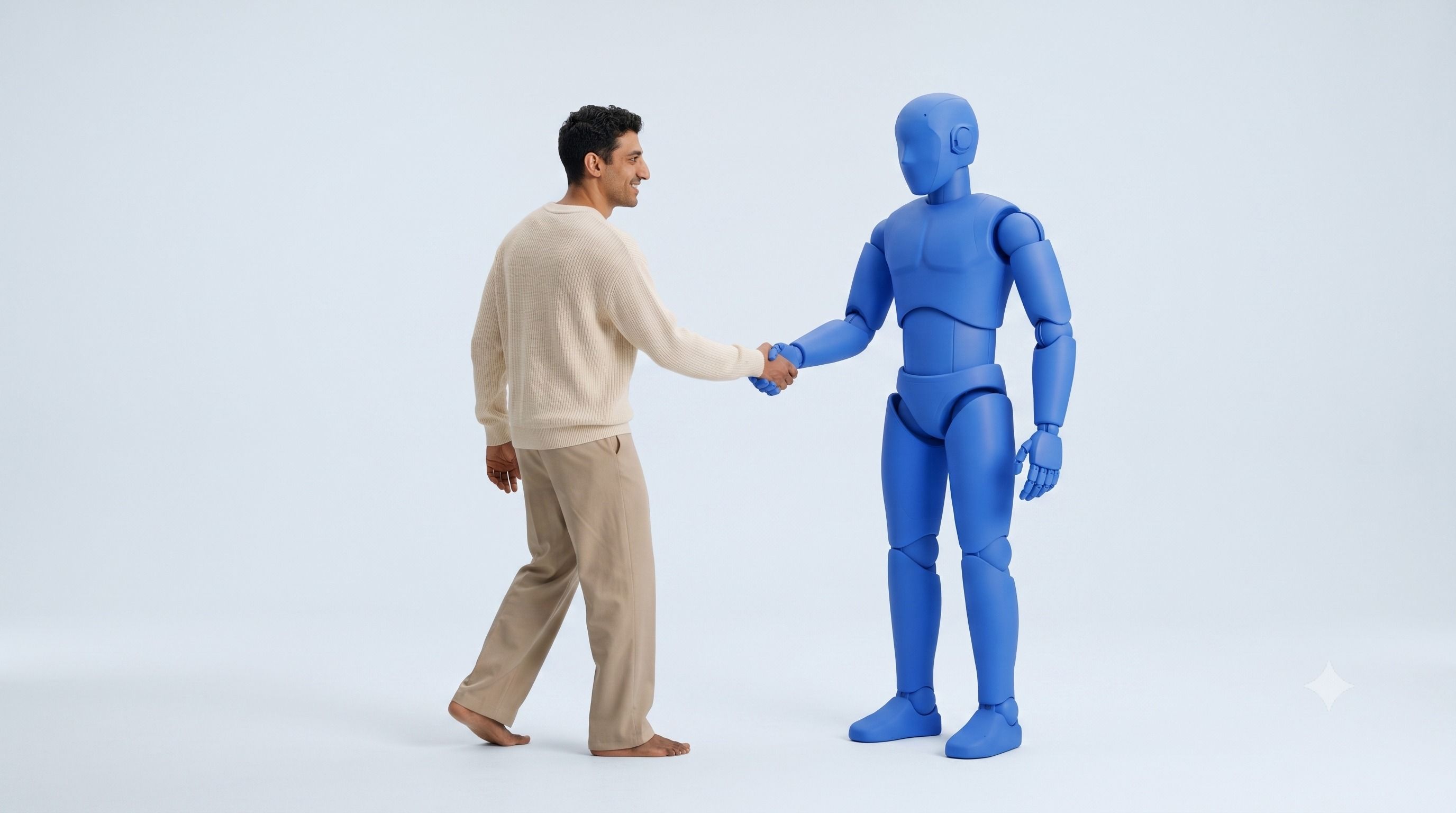 A man shaking hands with a blue humanoid robot.