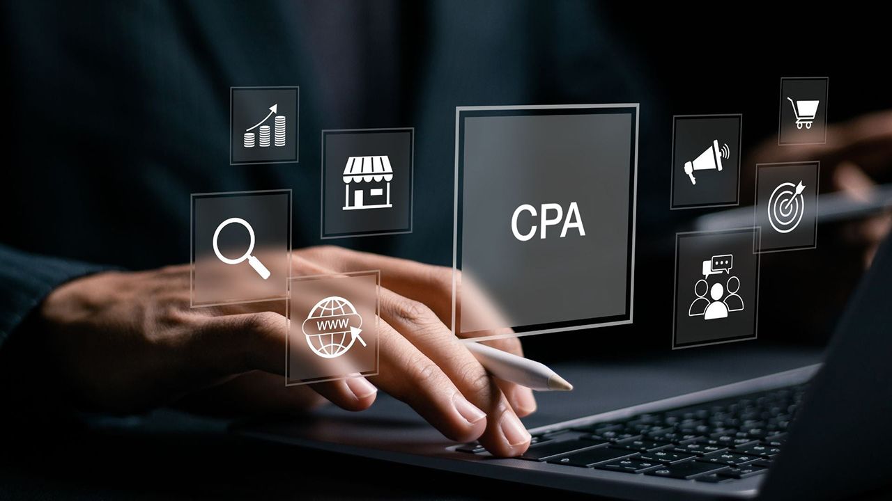 Hands on a laptop with a floating "CPA" icon and various digital marketing symbols.