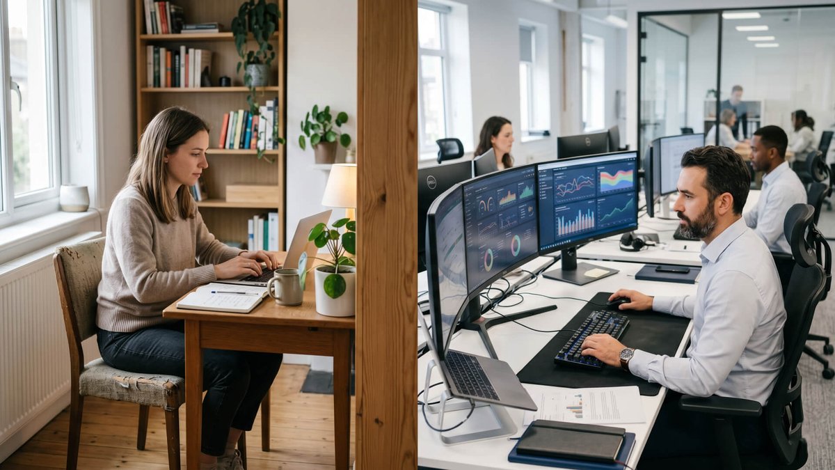 A split image showing a woman working from home on a laptop and a man working in an office with multiple screens.