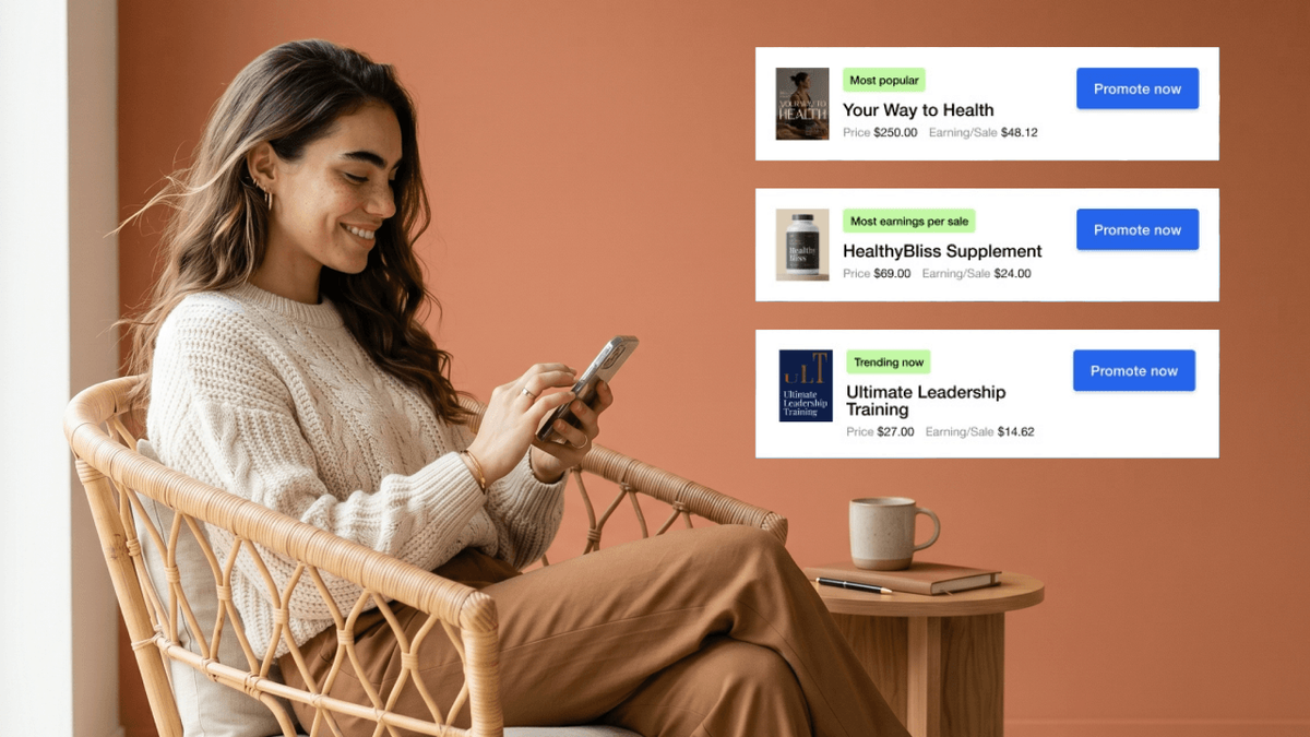 A smiling woman looks at her phone, with three digital product promotion listings floating beside her.