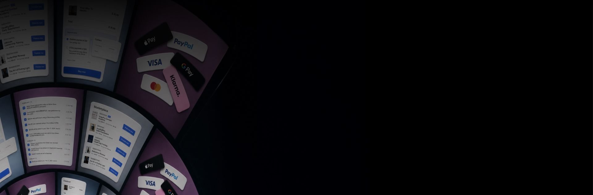 Payment and checkout screens fanned in a circle on a dark background.