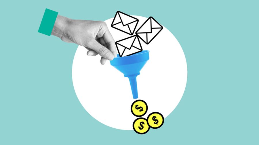 Hand feeding email icons into a funnel to generate dollar coins.
