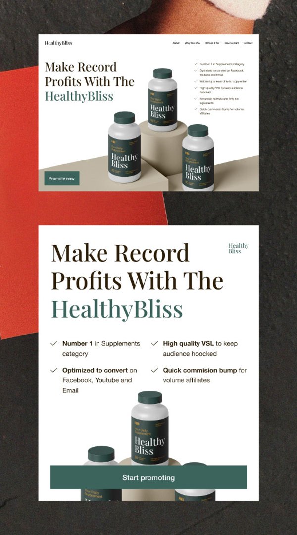 Une page marketing blanche pour les compléments Healthy Bliss, montrant trois flacons de compléments et le titre « Faites des profits records avec HealthyBliss ».