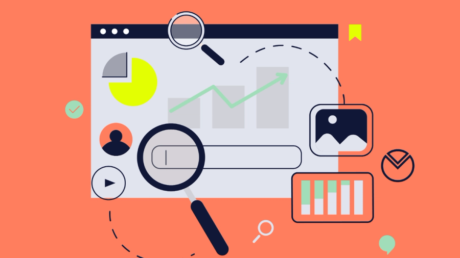 Digital illustration of a web browser showing analytics charts, a search bar, and content icons.