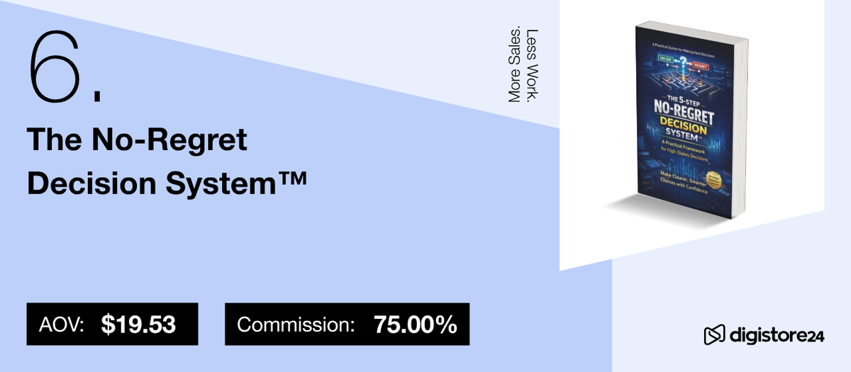 Number 6: The No-Regret Decision System book with AOV $19.53 and 75% commission.
