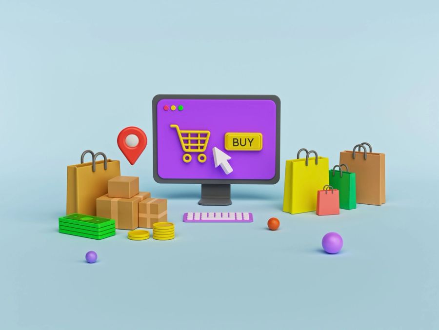 Online shopping concept with a computer showing a shopping cart and 'BUY' button, surrounded by bags, packages, and money.