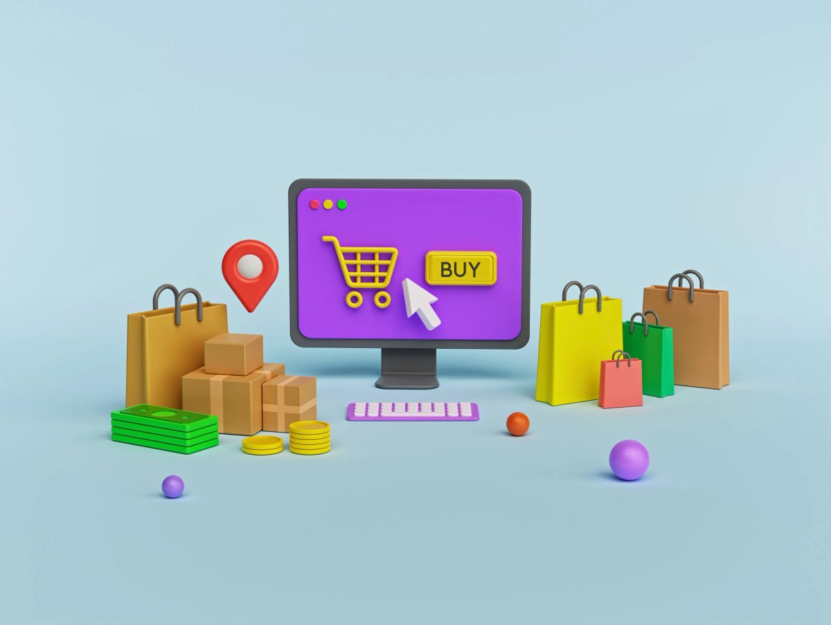 Online shopping concept with a computer showing a shopping cart and 'BUY' button, surrounded by bags, packages, and money.