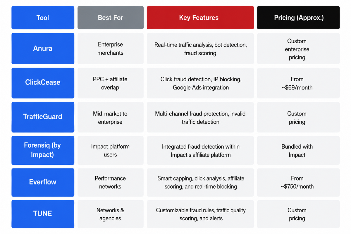 Comparison table of six fraud detection tools (Anura, ClickCease, TrafficGuard, Forensiq, Everflow, TUNE) showing their best use cases, key features, and approximate pricing.