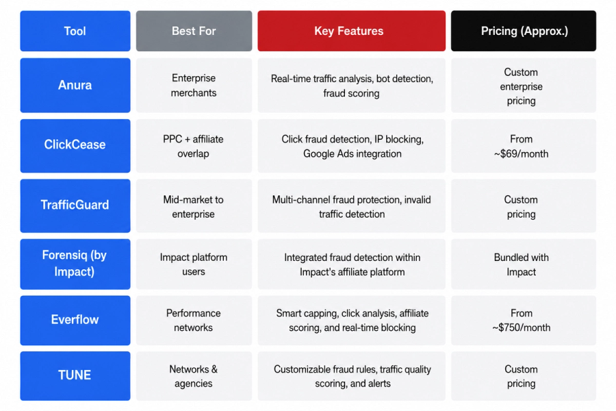 Comparison table of six fraud detection tools (Anura, ClickCease, TrafficGuard, Forensiq, Everflow, TUNE) showing their best use cases, key features, and approximate pricing.