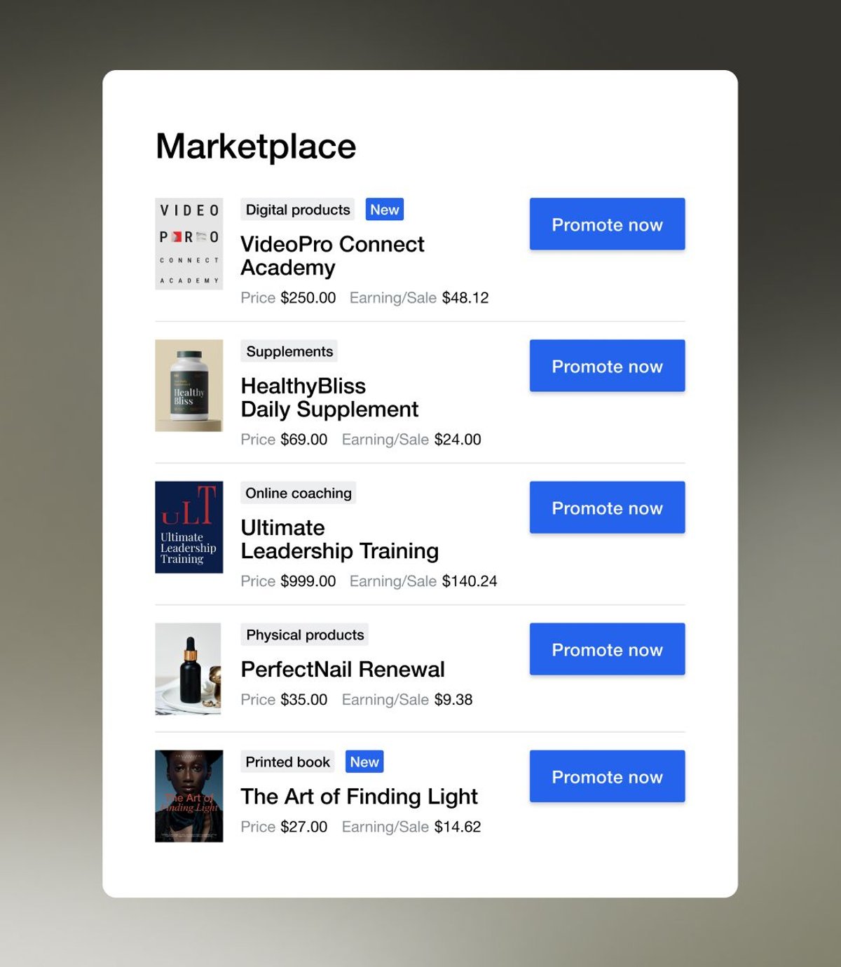 A marketplace listing of various products including digital courses, supplements, and books, with prices and "Promote now" buttons.