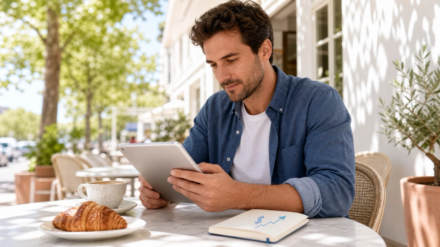 A man at an outdoor cafe uses a tablet, with a croissant, coffee, and a notebook depicting financial growth on the table.