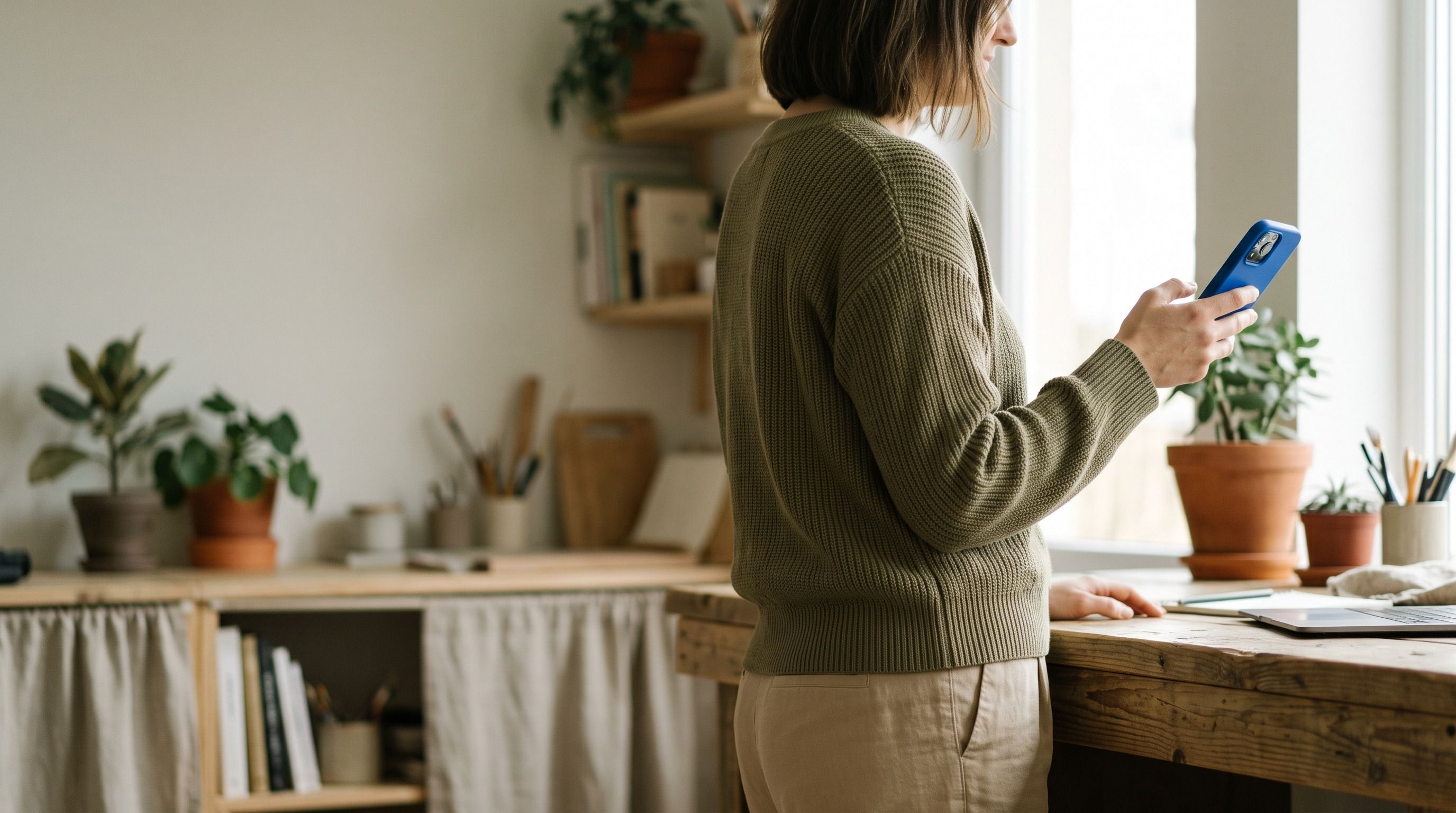 Woman in a green sweater stands by a window, looking at her blue phone in a plant-filled room.