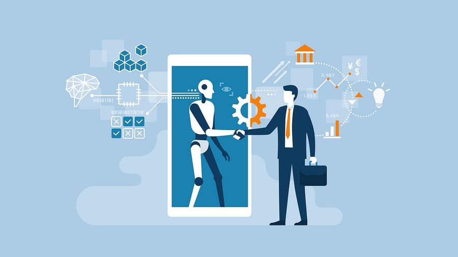 A businessman shakes hands with a robot emerging from a smartphone, surrounded by technology and finance icons.