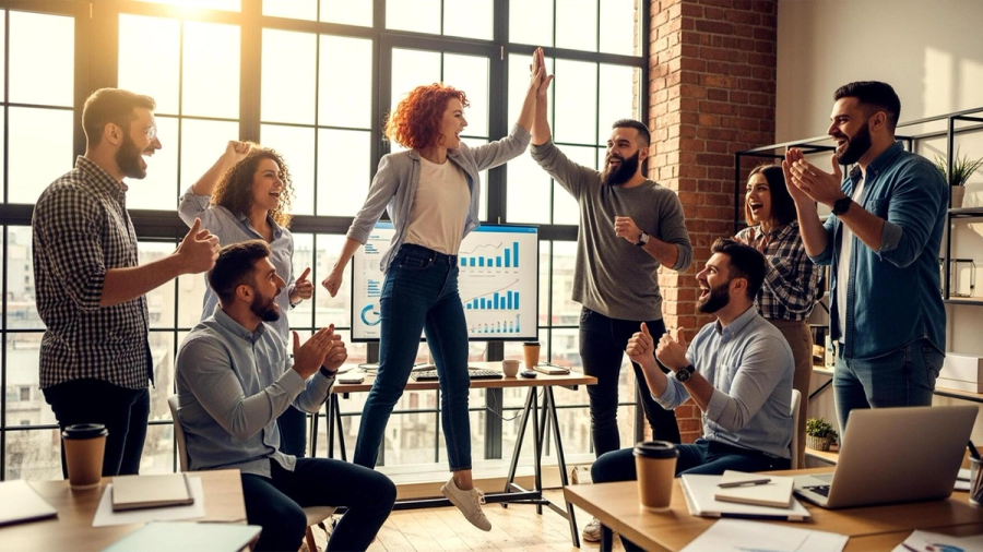 A diverse team of professionals celebrating with high-fives and cheers in an office.