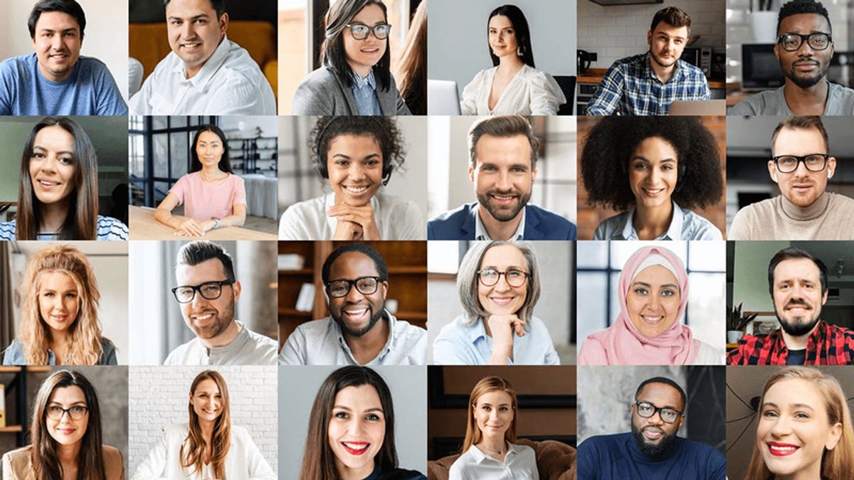 25 smiling, diverse people in a video conference grid.