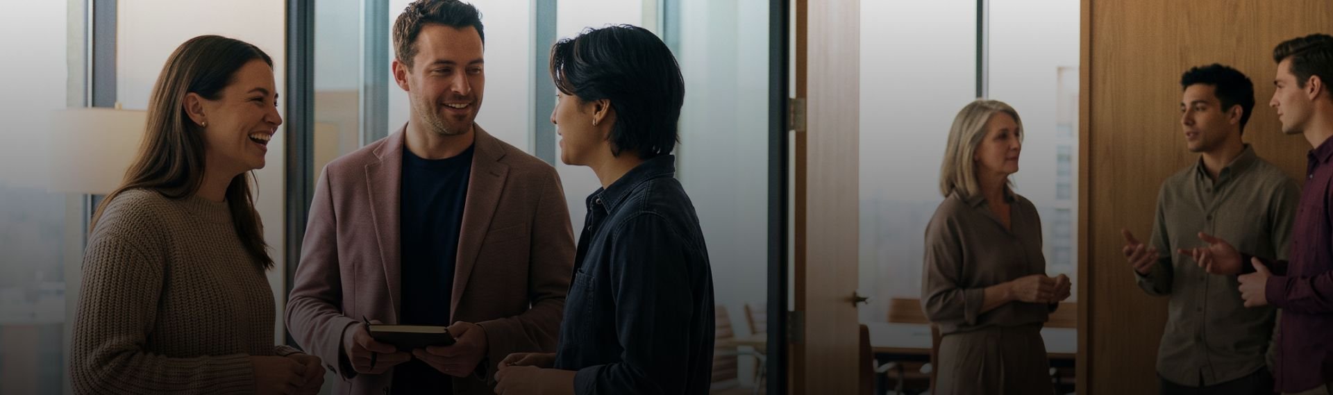 Group of colleagues conversing and smiling in an office.