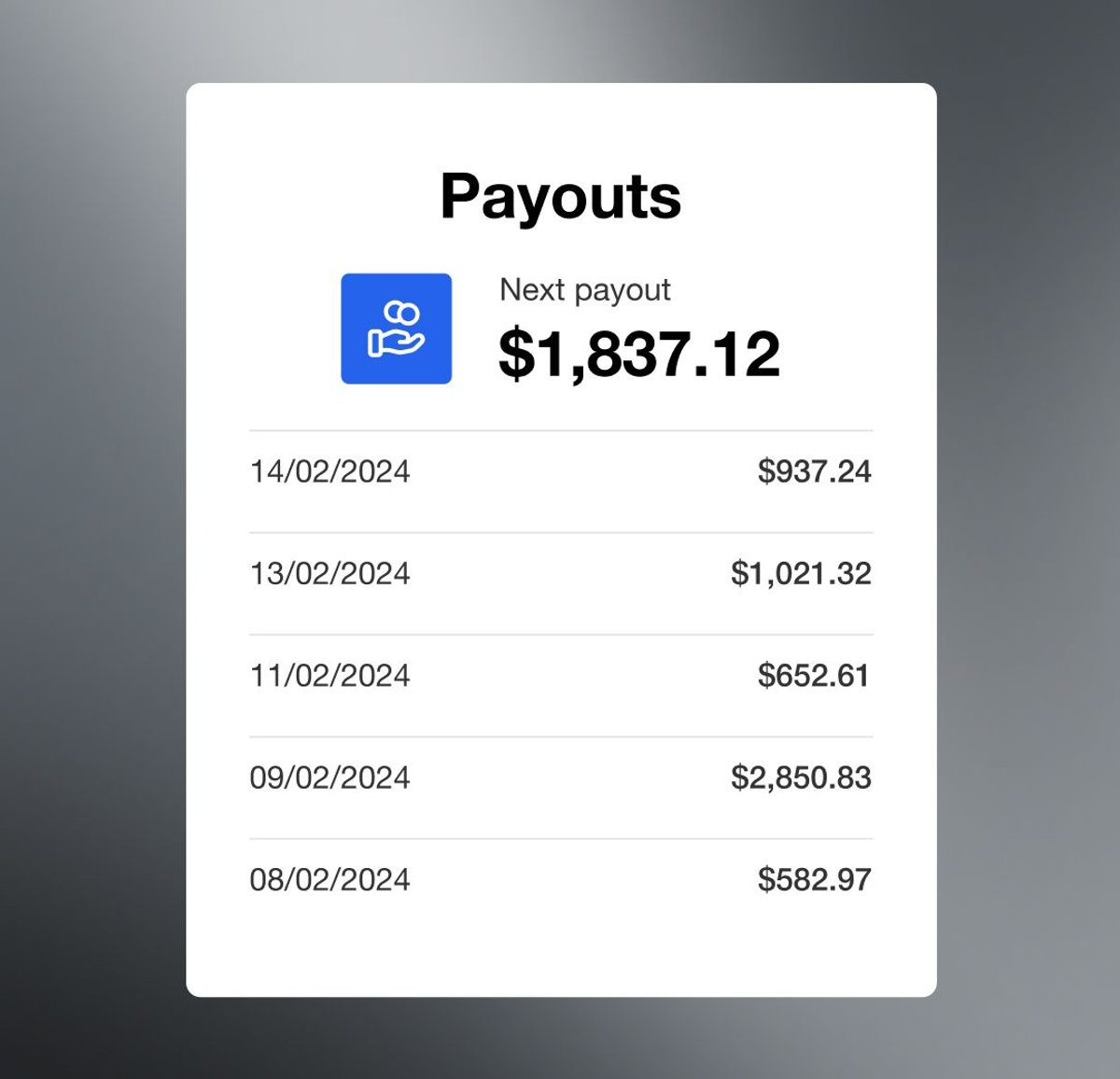 A digital screen displaying "Payouts" with a "Next payout" of $1,837.12, and a list of five past payouts with dates and amounts.