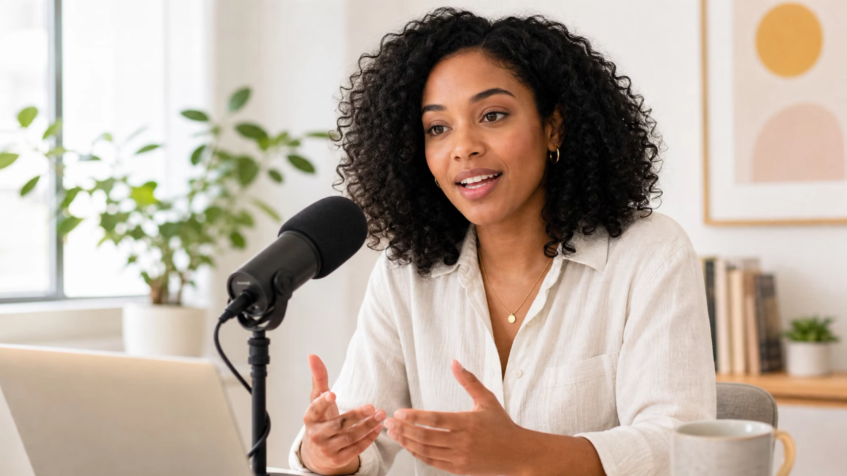 A woman with curly hair speaks into a microphone, with a laptop in front of her.