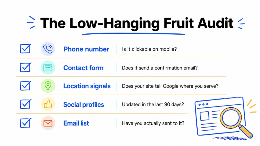 A checklist titled "The Low-Hanging Fruit Audit" detailing 5 website and marketing optimization points: phone number, contact form, location signals, social profiles, and email list.