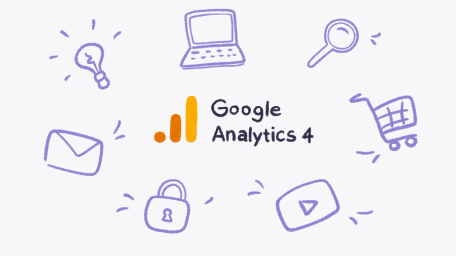 Google Analytics 4 logo surrounded by hand-drawn icons representing various online activities and data.