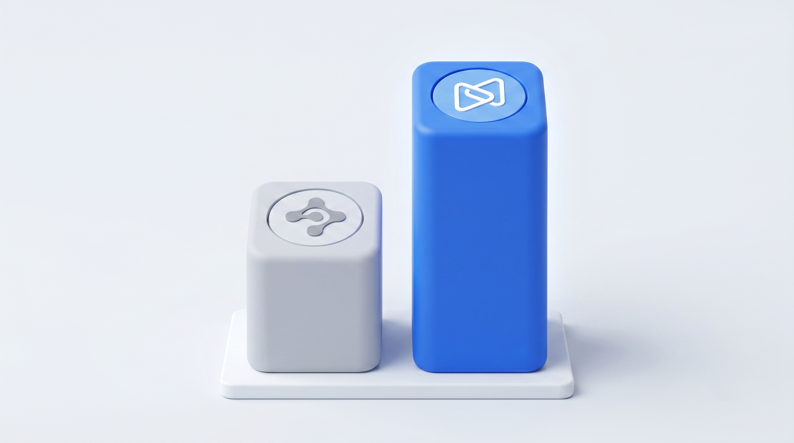 A short grey block with an abstract grey icon next to a taller blue block with a white S-shaped icon.