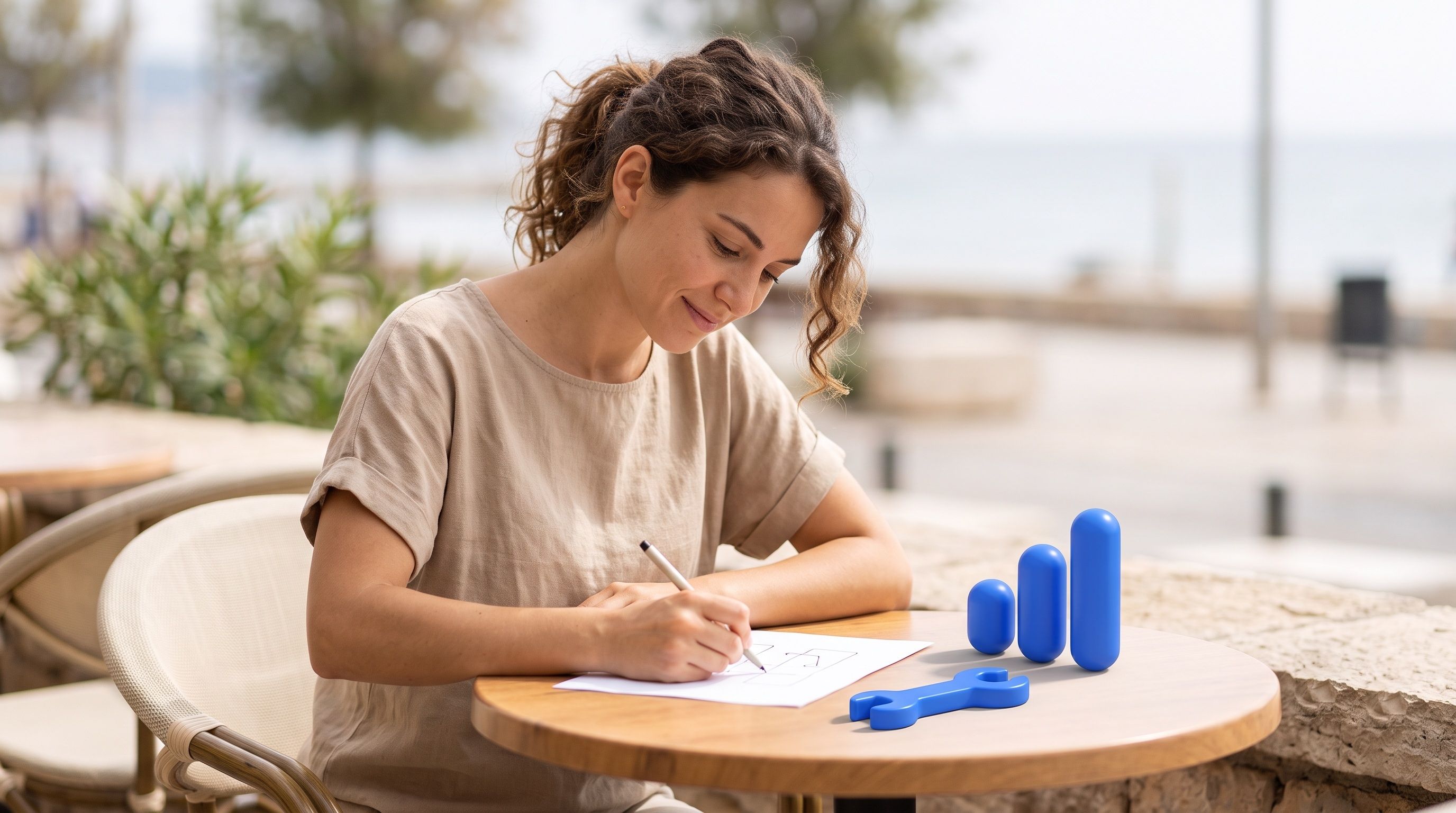 A woman draws on paper at an outdoor table next to blue bar graph shapes and a wrench.