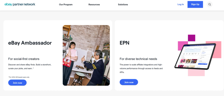 Landing page for the eBay Partner Network, offering "eBay Ambassador" for creators and "EPN" for technical needs.