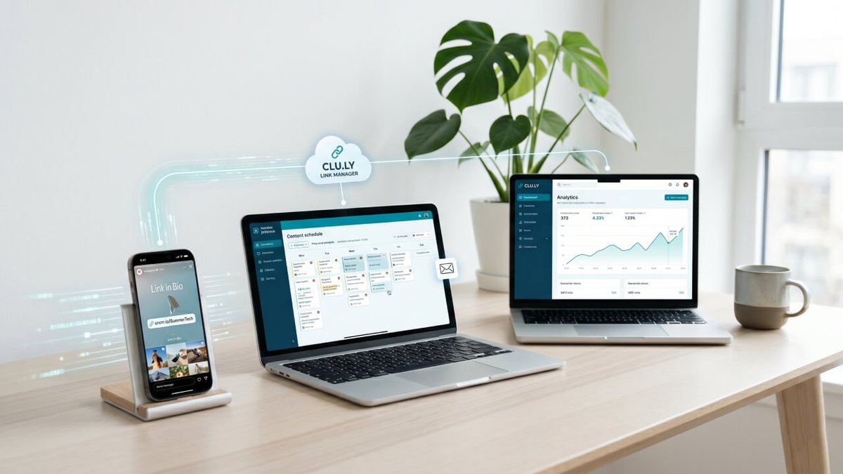 A smartphone and two laptops displaying social media, a task manager, and analytics, all connected by glowing lines to the CLU.LY Link Manager cloud service.