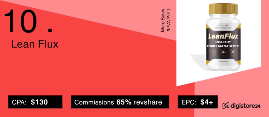 An ad for LeanFlux Healthy Weight Management supplement, ranked #10, with CPA $130, 65% revshare commissions, and EPC $4+ on Digistore24.