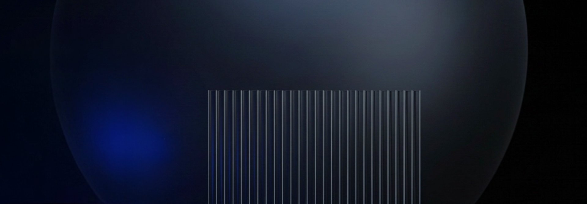 Dark blue curved surface with a central ribbed panel and a subtle blue light.