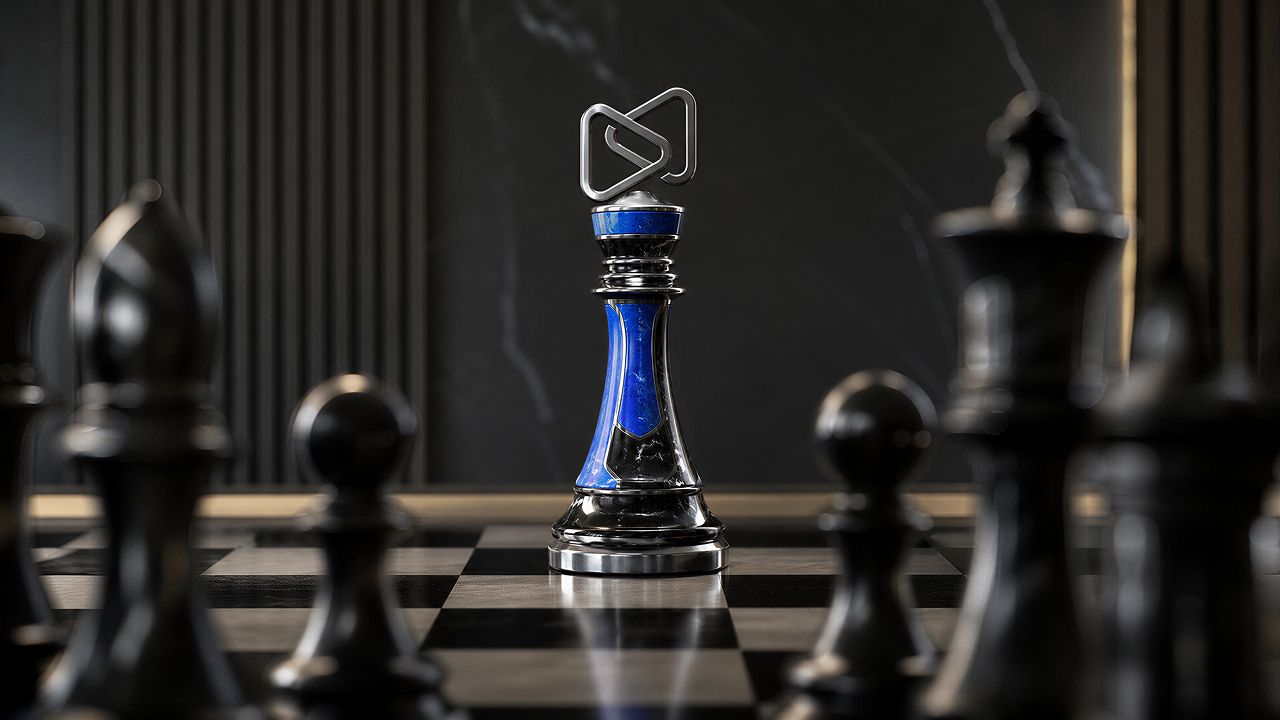 A blue and black chess king piece, topped with a silver link-like logo, stands on a chessboard surrounded by blurred black pieces.