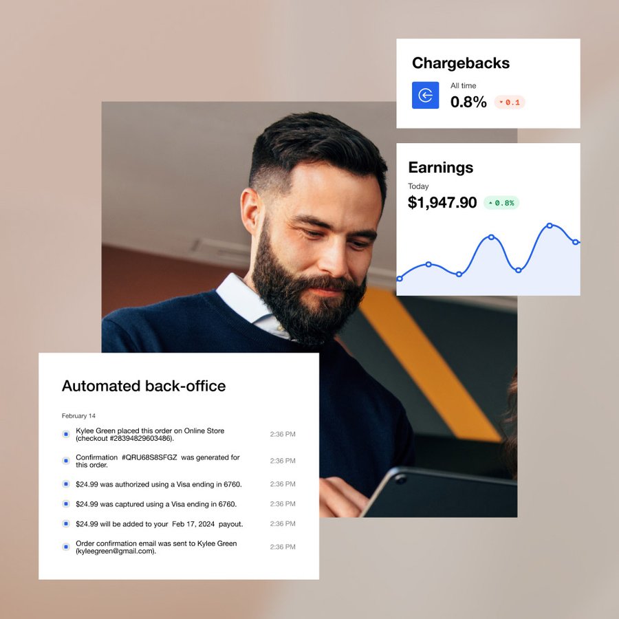 A man focused on a tablet, with digital overlays showing automated back office tasks, earnings, and chargeback rates.