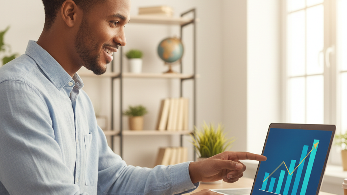 Man smiling and pointing to a laptop with an upward-trending bar graph.