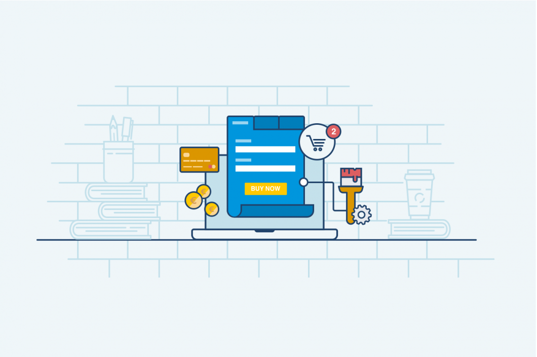 Illustration of a laptop with an online purchase form, a credit card, shopping cart, and design tools.